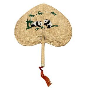 Handwoven Bamboo Fan With Embroidered Panda Design & Red Tassel